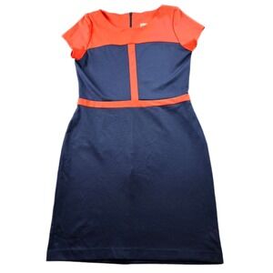 Lesley Evers Sheath Dress Women's L Navy Orange Short Sleeve Round Neck Back Zip